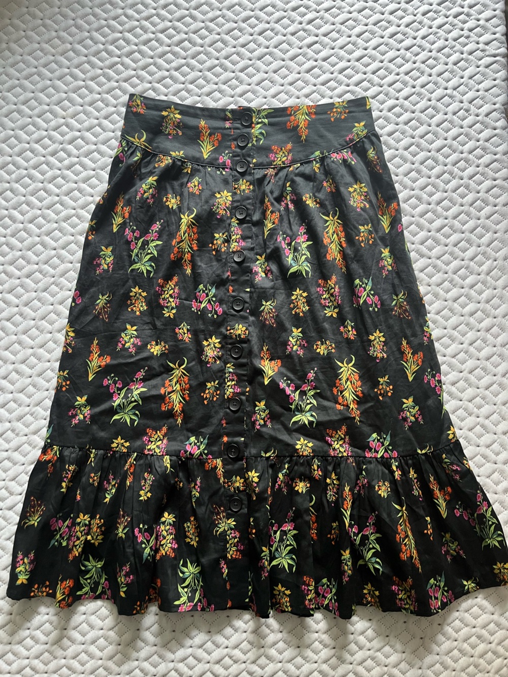 Modcloth Black Floral Button-Front Skirt with Ruffle Hem